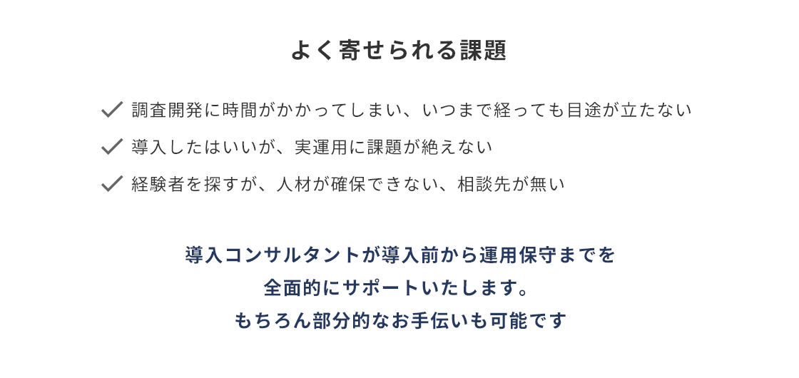 導入コンサルタントが導入前から運用保守までを全面的にサポートいたします。もちろん部分的なお手伝いも可能です